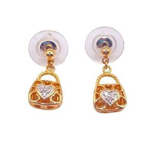 Dainty gold CZ heart purse dangle post earrings